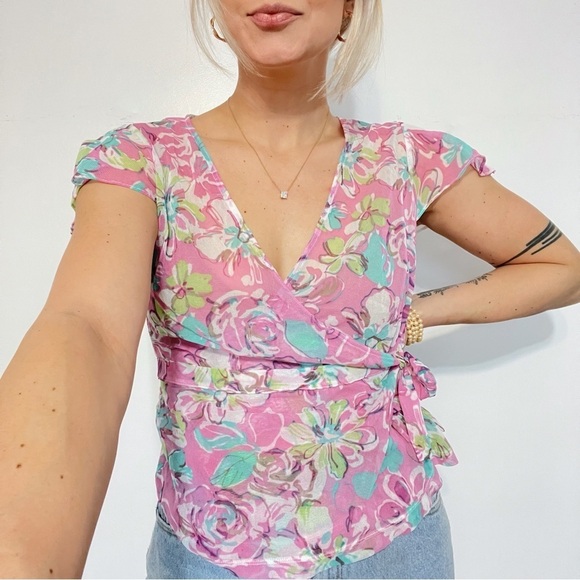 Vintage Tops - Y2K Sheer Mesh Floral Faux Wrap Side Tie Cinched Waist V-Neck Blouse Top
